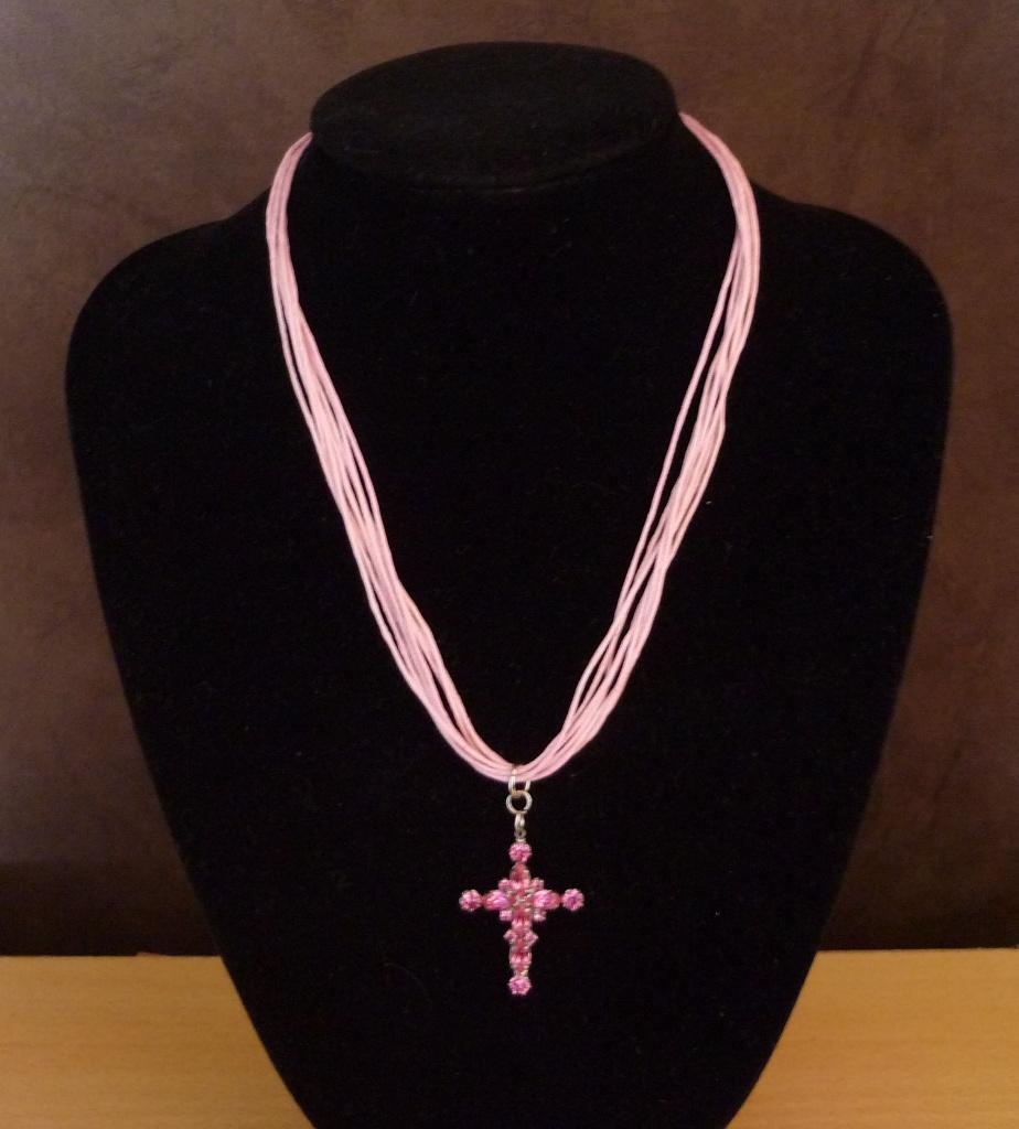 Roze samengestelde ketting met fuchsia kruis hanger strass, Ophalen of Verzenden, Roze, Met strass