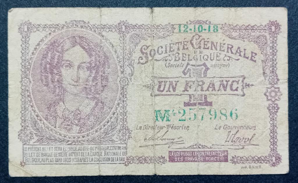 belgie 1 frank societe generale 1918, Postzegels en Munten, Bankbiljetten | België, Ophalen of Verzenden, Los biljet