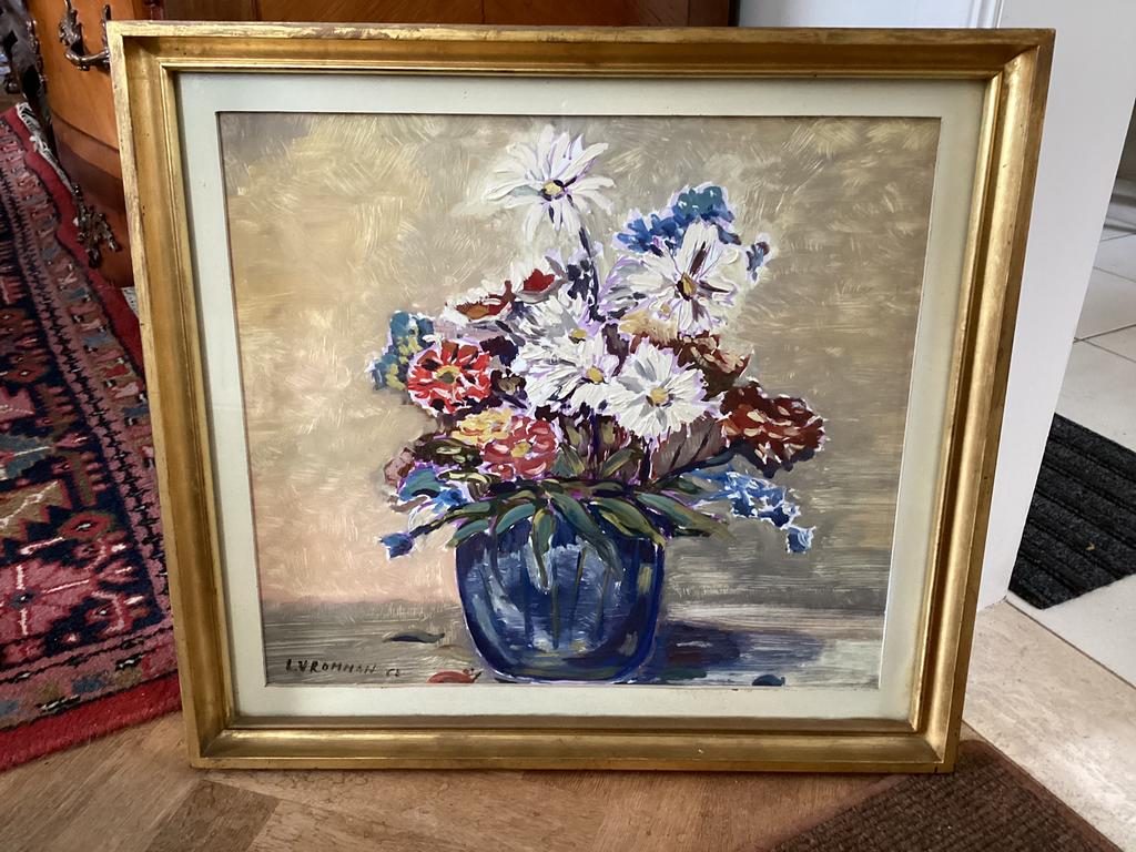 Bloemenstilleven-l Vromans 1968- olie achter glas, Antiek en Kunst, Kunst | Schilderijen | Klassiek, Ophalen