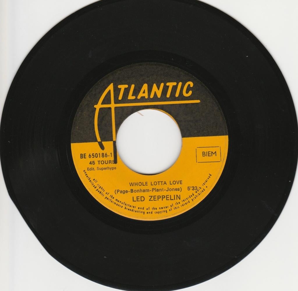 Single vinyle 45T(7"): « Whole Lotta Love » de Led Zeppelin., Enlèvement ou Envoi, Utilisé, Autres formats, Pop rock