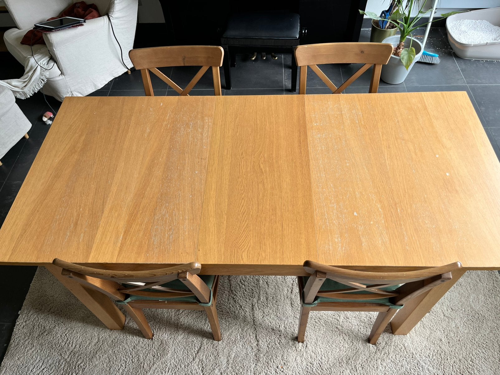 Uitschuifbare tafel 140cm-220cm + 4 stoelen, Huis en Inrichting, Tafels | Eettafels, Ophalen, Gebruikt, 50 tot 100 cm, Vijf personen of meer