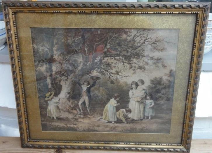 Brocante prent met kinderen in mooie bewerkte lijst, Antiek en Kunst, Ophalen of Verzenden