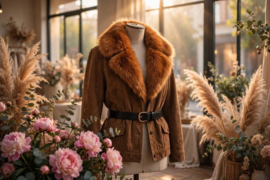 Veste élégante en daim marron avec ceinture et fourrure, Neuf, Taille 38/40 (M), By Farfetch, Brun
