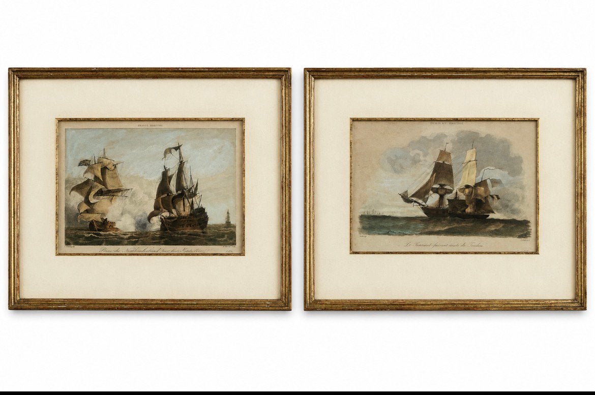 2 Vintage Ingelijste Maritieme Prenten – Zeilschepen, Antiek en Kunst, Ophalen, 35 cm, Landschap, 30 cm