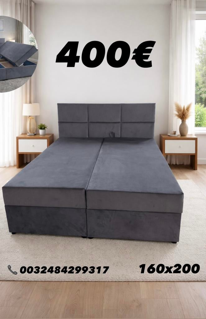 Boxspring met koffer, Grijs, Ophalen of Verzenden, 200 cm, 160 cm