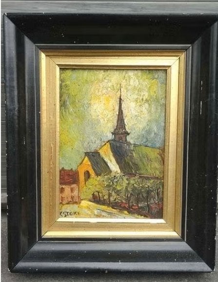Huile sur toile église signe c stokx, Ophalen of Verzenden, Doek