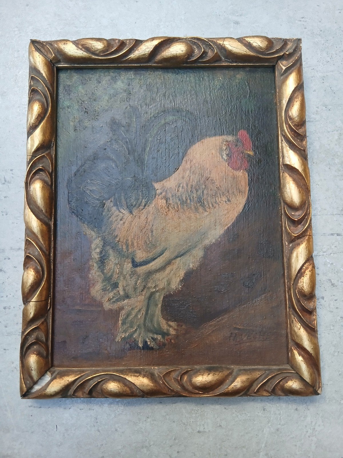 Antiek schilderij haan op paneel – gesigneerd H. Vesche, Cadre spécial, Enlèvement ou Envoi, Peinture à l'huile, Animaux