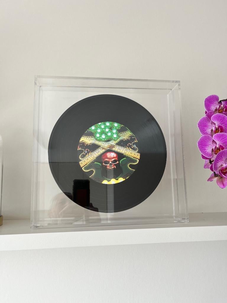 Kunstwerk Vinyl LP met skull afbeelding in plexi kast, Antiek en Kunst, Ophalen