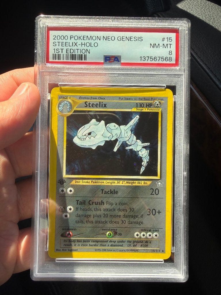 Pokémon Steelix Holo 15/111 Neo Genesis 1ST EDIT. 2000–PSA 8, Hobby en Vrije tijd, Verzamelkaartspellen | Pokémon, Ophalen of Verzenden