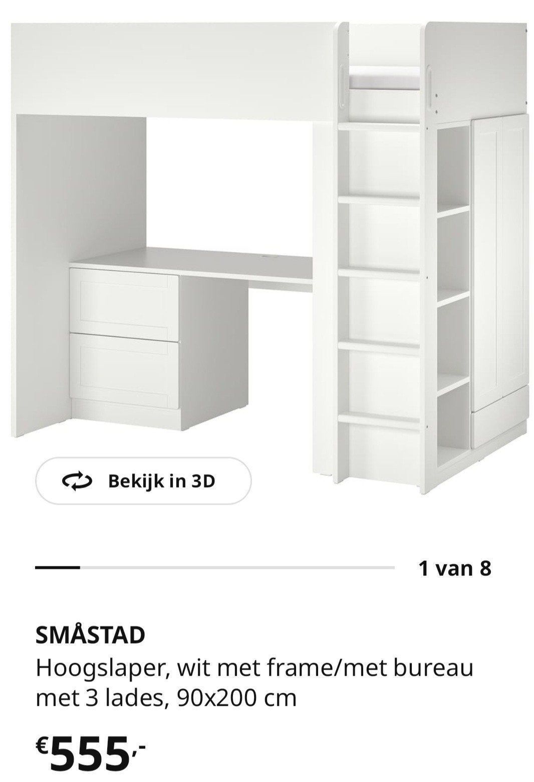 Ikea hoogslaper SMÅSTAD wit, mét kleerkast en gordijntjes, Huis en Inrichting, Ophalen, Hoogslaper
