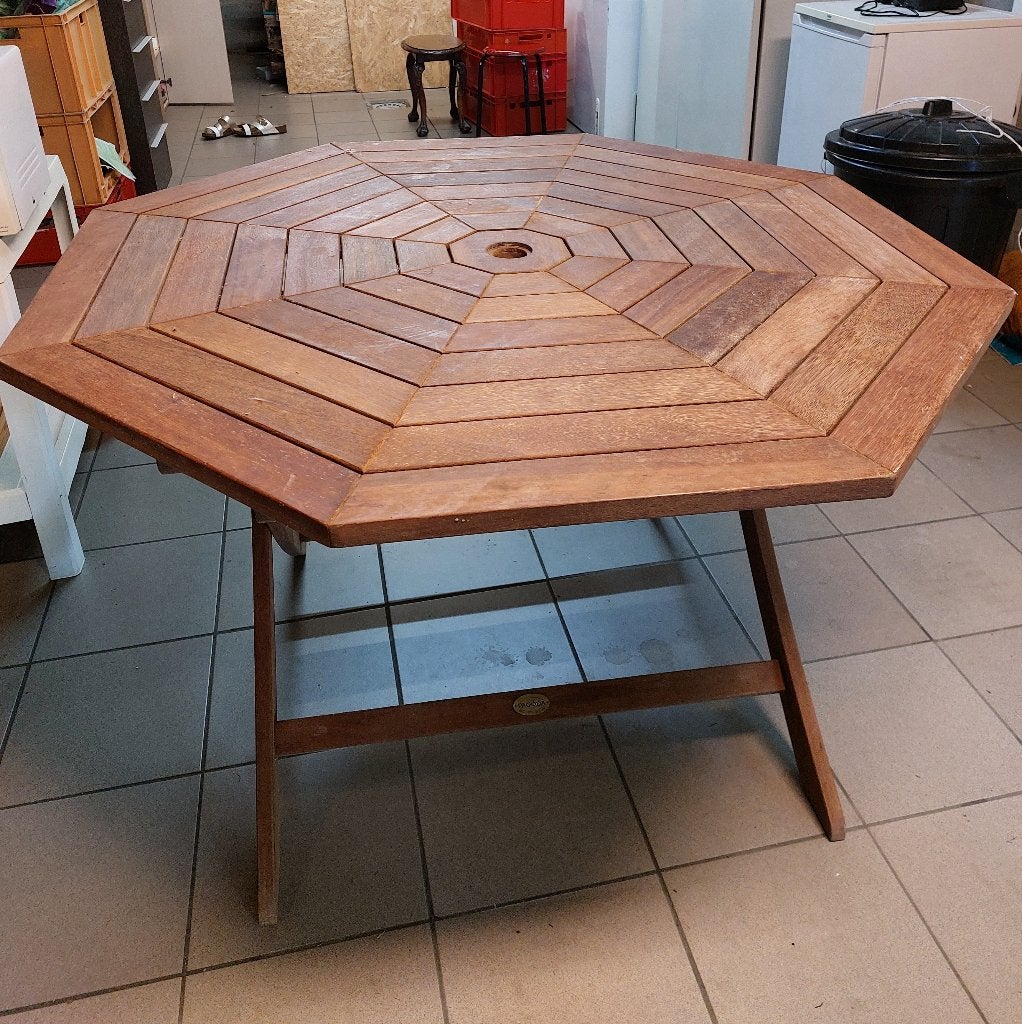 tafel hout teck 120x120 hoogte 72cm, Tuin en Terras, Ophalen