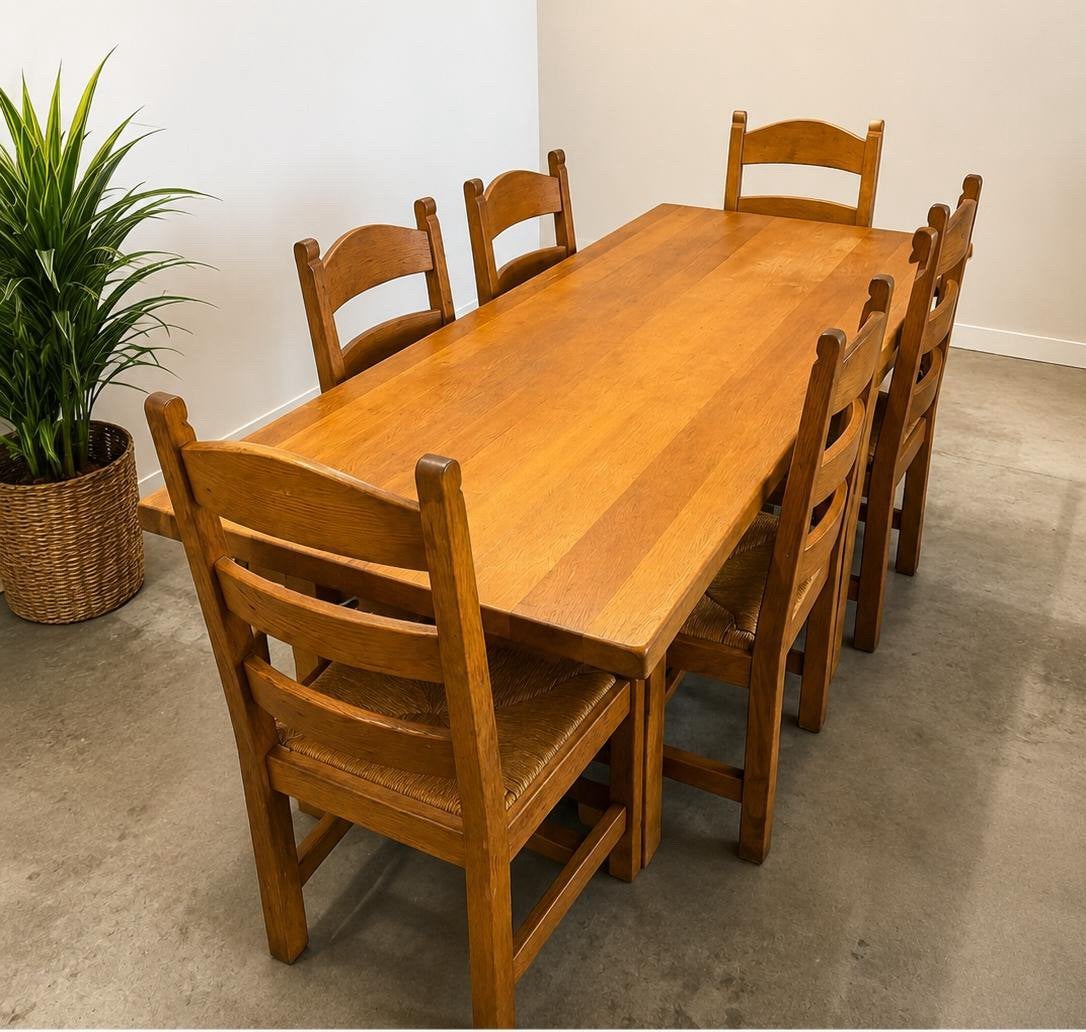 Massief eiken tafel + 6 stoelen – stevige landelijke set, Huis en Inrichting, Complete eetkamers, Ophalen, Zo goed als nieuw