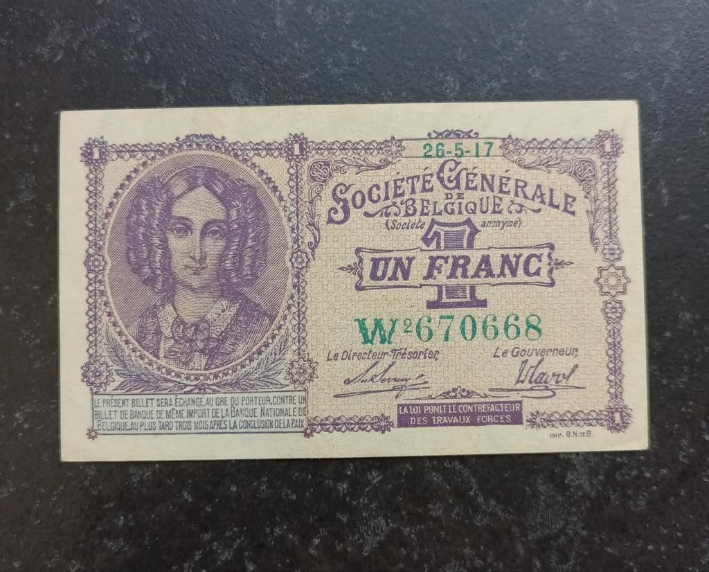 1 frank Société Générale in AUNC 26-5-1917, Postzegels en Munten, Bankbiljetten | België, Ophalen of Verzenden, Los biljet