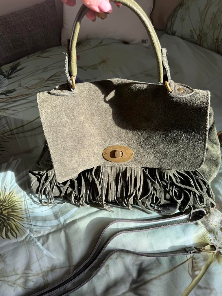 Prachtige kaki handtas in daim leder, Ophalen of Verzenden, Handtas