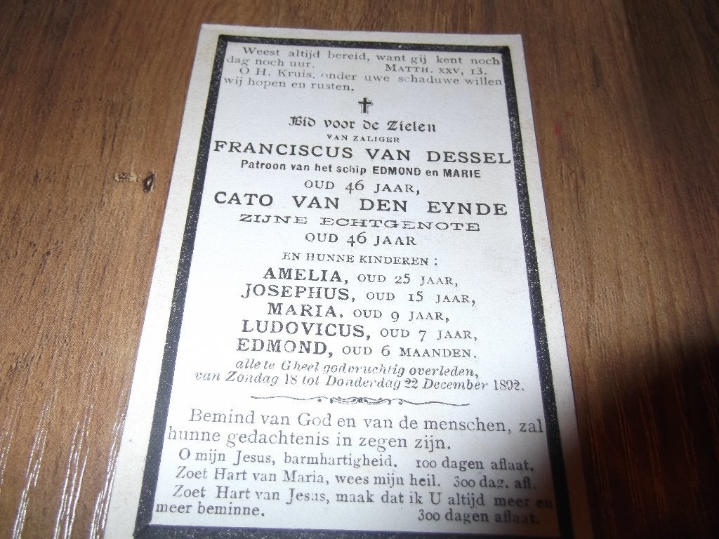 bidprentje Francis Van Dessel  /vrouw en 5 kinderen (+ 1892), Enlèvement ou Envoi, Image pieuse