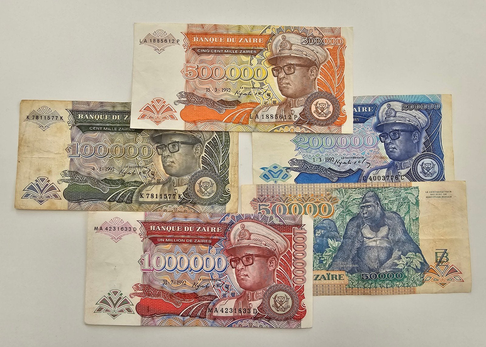 Lot Bankbiljetten 5 x Zaïre Congo Mobutu Sese Seko, Ophalen of Verzenden, Overige landen, Setje