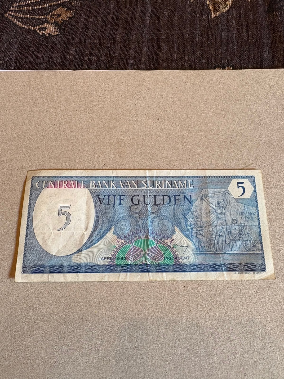 Billet surinamais de 5 florins 1982, Enlèvement ou Envoi, Amérique du Sud, Billets en vrac