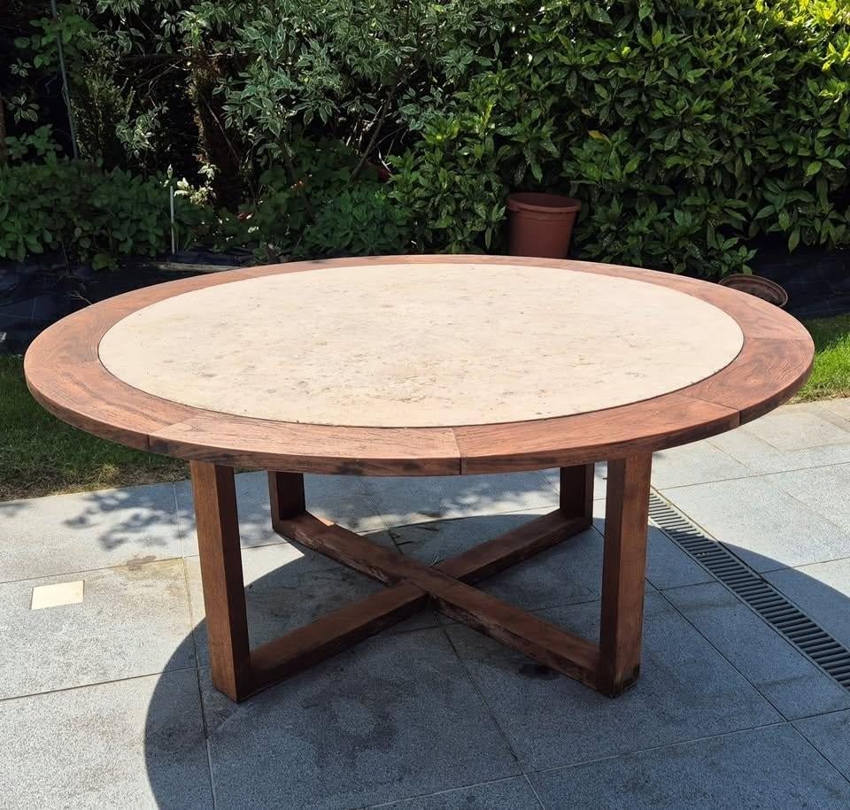 Table jardin Manutti Siena Diam 180 Teak - Pierre de france, Enlèvement, Utilisé, Rond, Bois de teck
