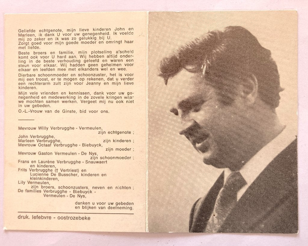 Bidprentje met foto van Zanger Willy Verbrugghe, Ophalen of Verzenden, Bidprentje