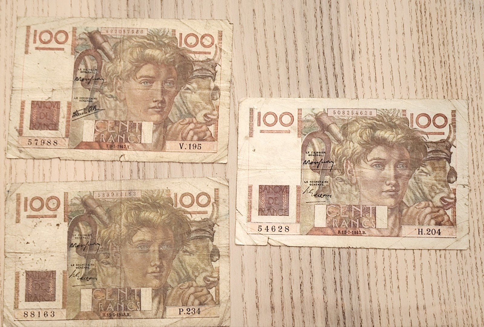 setje van 3 bankbiljetten van 100 francs Frankrijk, Ophalen of Verzenden, Frankrijk, Setje