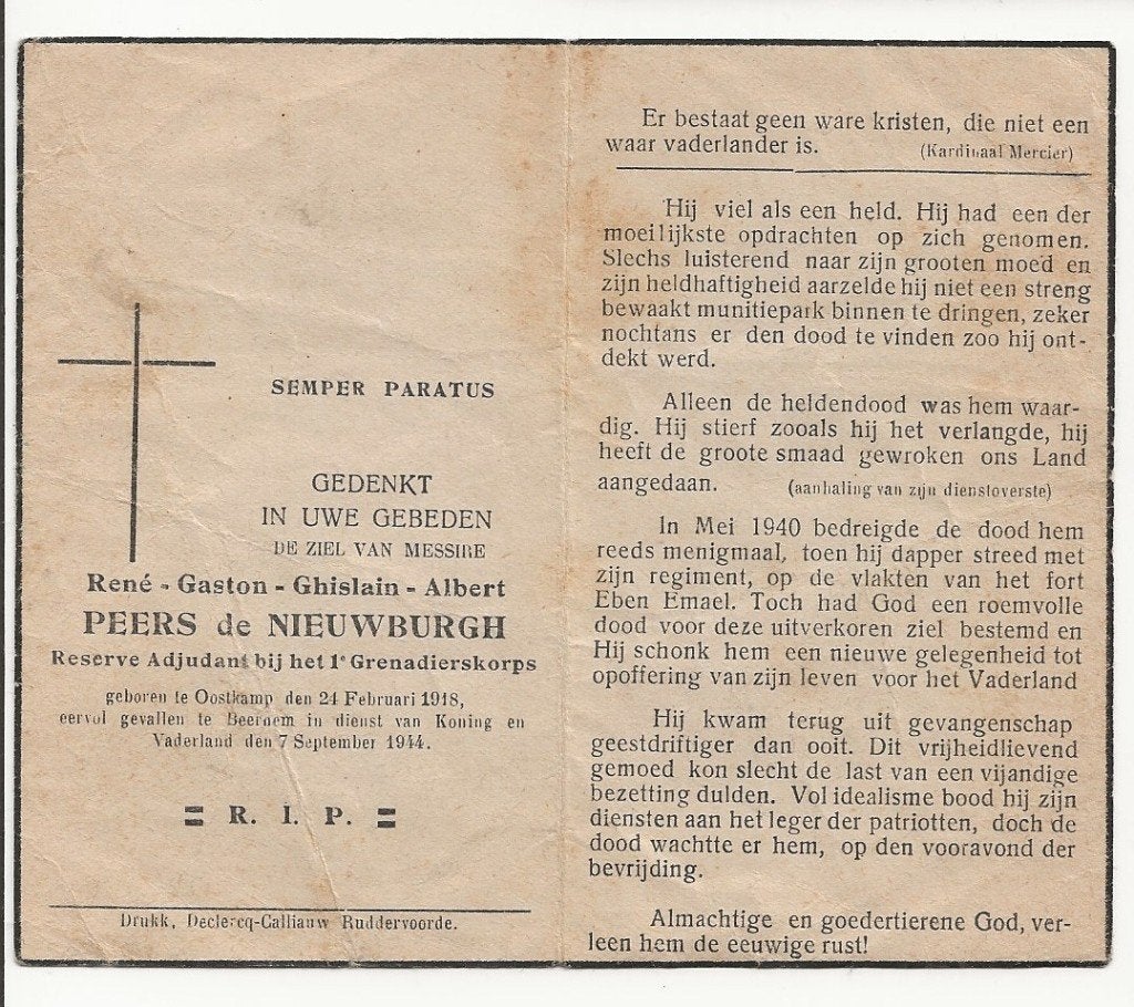 wo2 adj 1e grenadiers + 1944 adel peers de nieuwburgh, Verzamelen, Bidprentjes en Rouwkaarten, Ophalen of Verzenden, Bidprentje