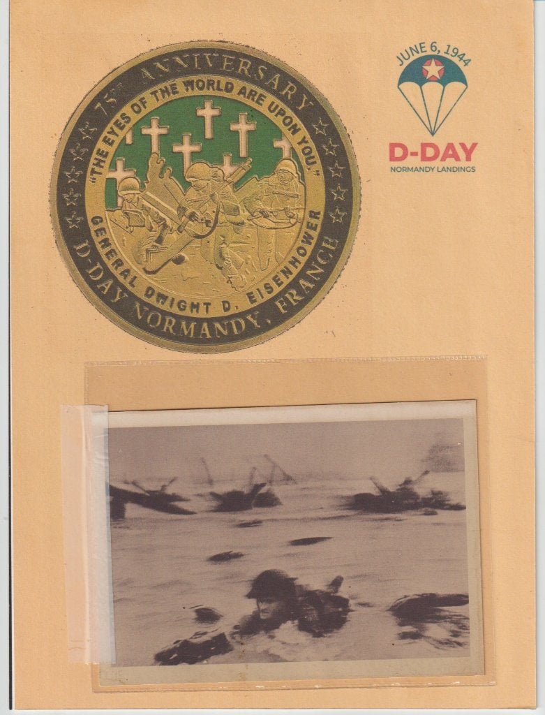 D-Day Normandië 75 jaar, munt + 3 foto's, Ophalen of Verzenden, Marine, Embleem of Badge