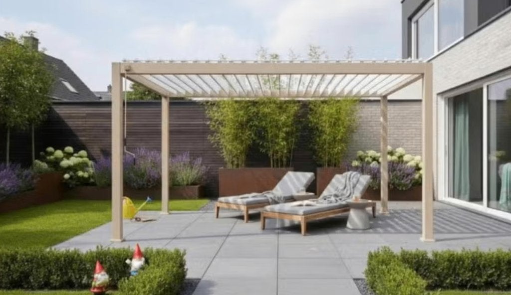 Bioklimatische pergola houtlook en wit 4 x3m, Enlèvement