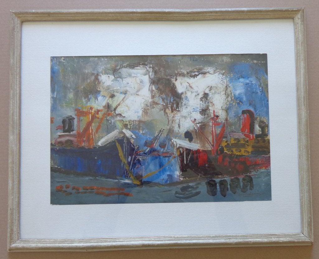 JACK GODDERIS / BOTEN IN HAVEN / OLIEVERF / 44x55cm / KADER, Enlèvement ou Envoi