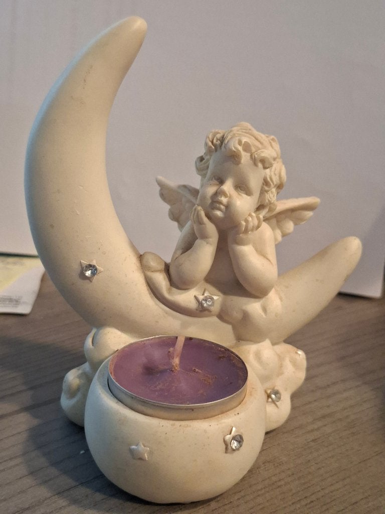 decoratieve theelichthouder met engeltje op maansikkel, Huis en Inrichting, Gebruikt, 12 cm, Overige merken, Ophalen of Verzenden
