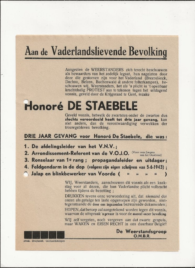 wo2 geraardsbergen verzet collaboratie pamflet de staebele, Collections, Enlèvement ou Envoi, Autres, Photo ou Poster