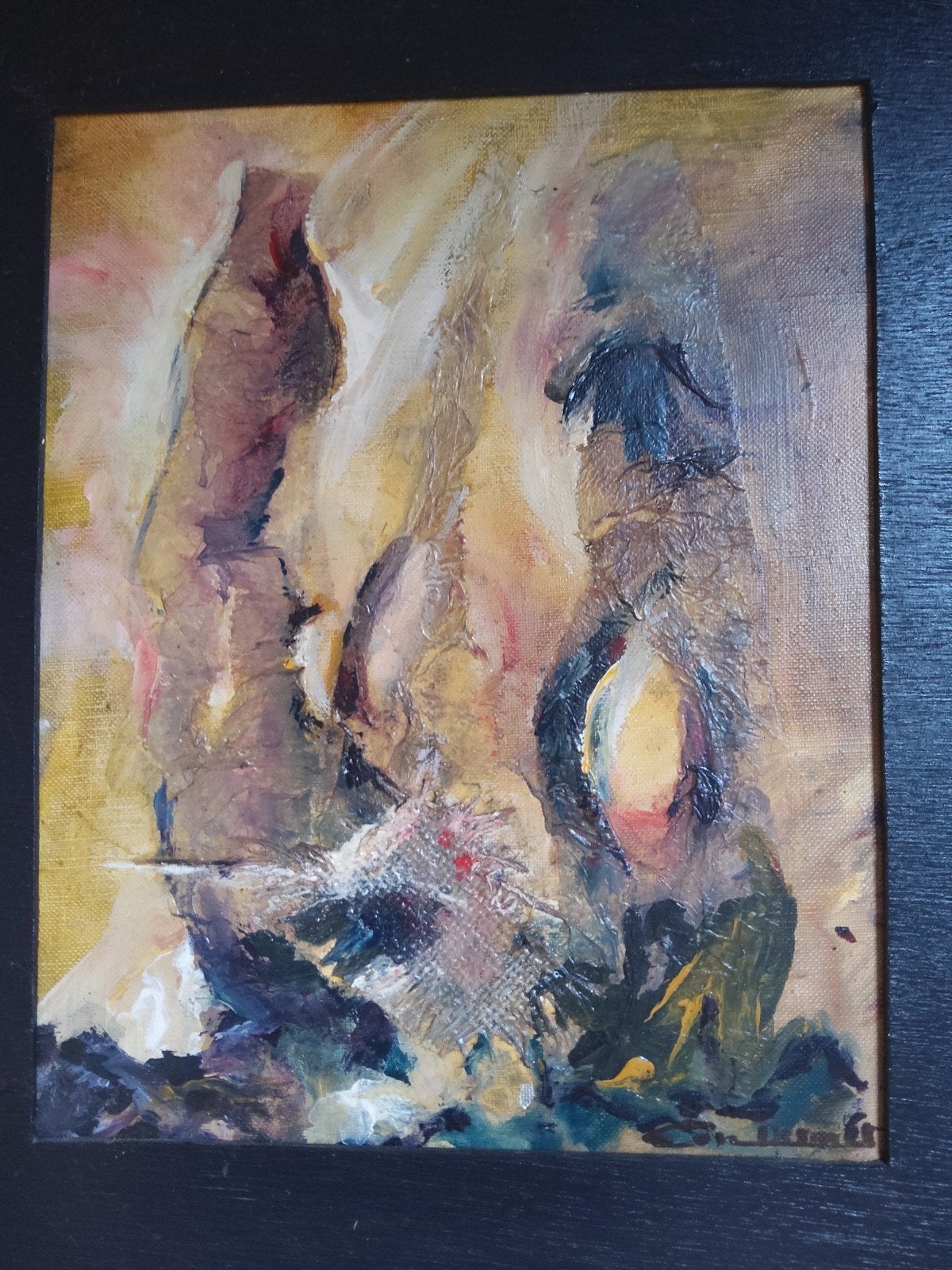 Abstract, origineel schilderij. Ingelijst 43 x 48 cm, Antiquités & Art, Enlèvement ou Envoi
