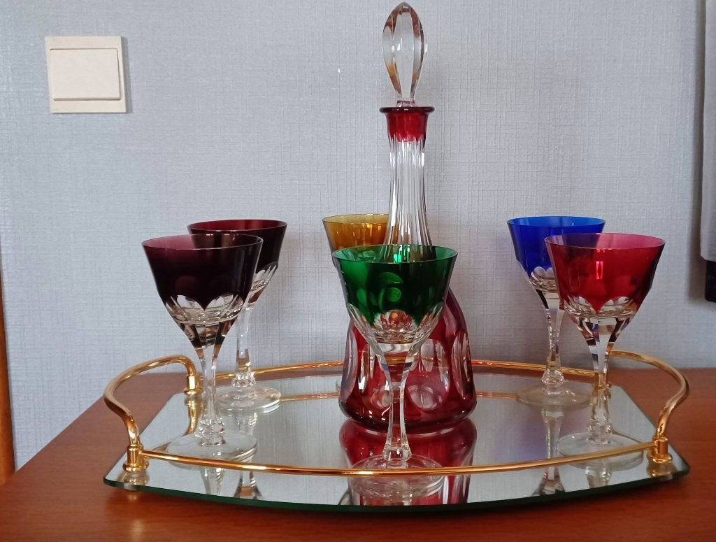 Kristallen wijnglazen met karaf en plateau, Antiek en Kunst, Ophalen