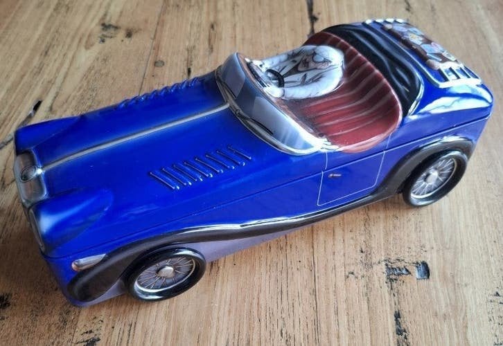 Klassieke blauwe vintage roadster, sportwagen koekjes blik, Ophalen of Verzenden, Gebruikt, Koek(jes), Overige merken
