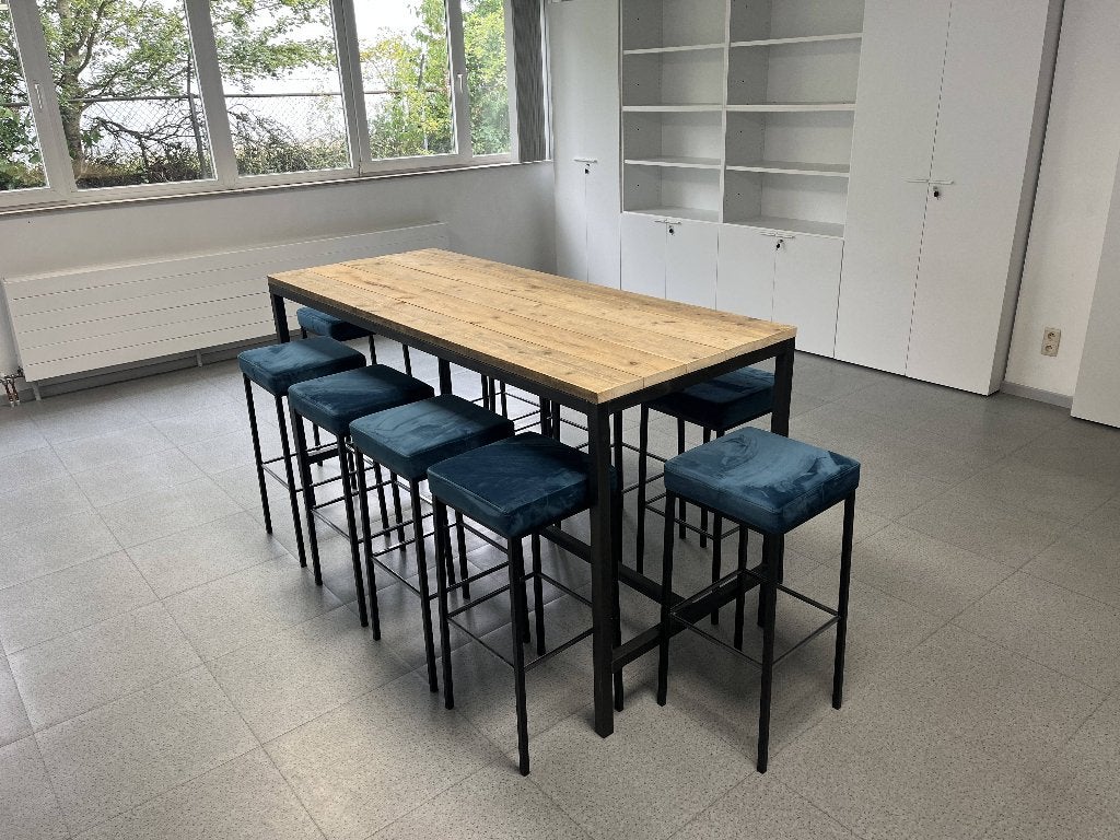 Prachtige hoge tafel in staal en hout met 10 krukjes, Ophalen, Steigerhout industrieel look, Overige materialen, 200 cm of meer