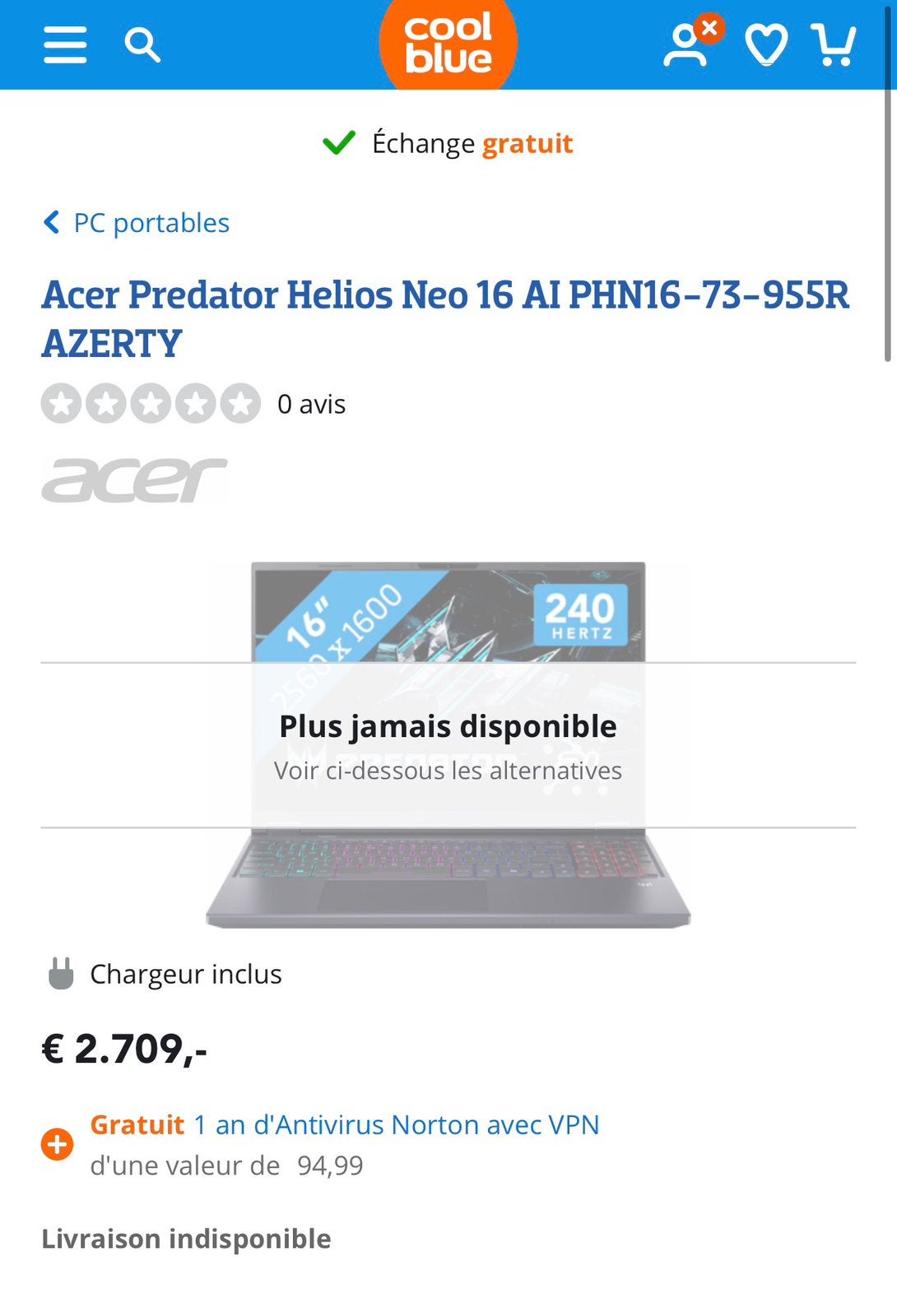 Acer Predator Helios Neo 16 AI, Enlèvement, Comme neuf, Azerty, SSD