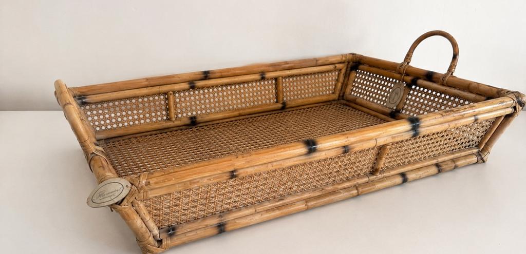 Vintage Flamant groot dienblad / mand in bamboe & rotan, Ophalen, Gebruikt