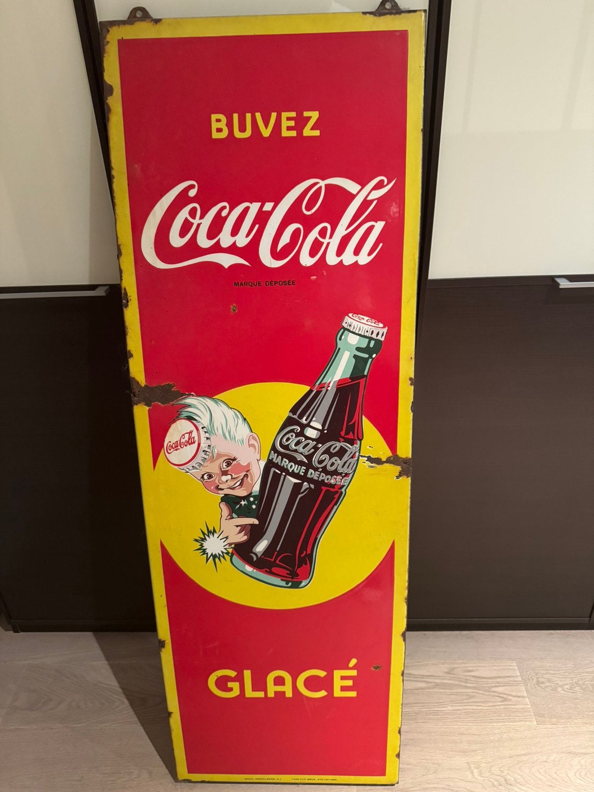 Origineel Coca-Cola emaille reclamebord 1951Email Koekelberg, Verzamelen, Ophalen, Gebruikt, Reclamebord