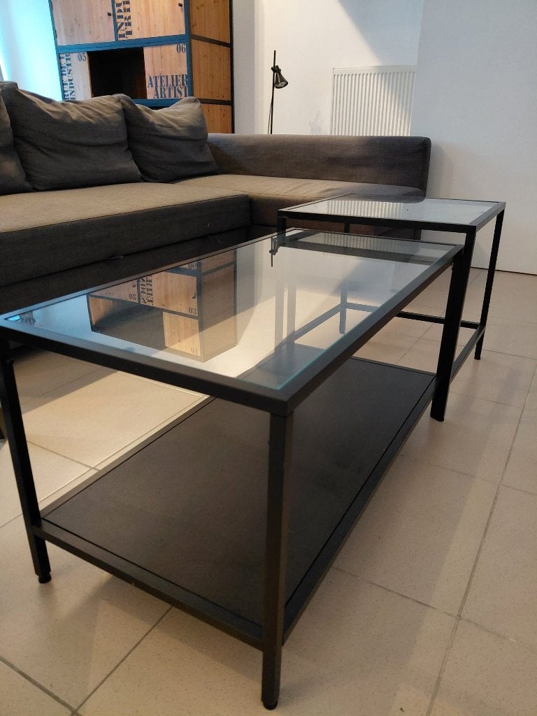salontafel, Huis en Inrichting, Tafels | Salontafels, Ophalen, Zo goed als nieuw, Glas, Zwart metalen frame met glazen blad
