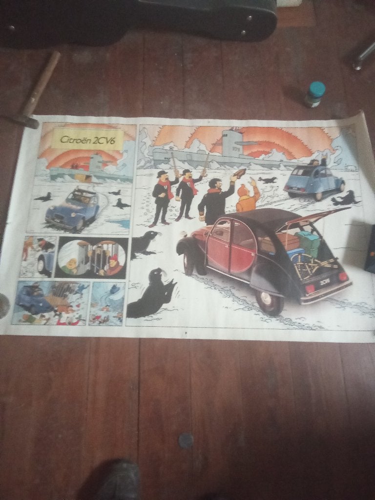 Affiche vintage publicitaire ( Citroen + tintin ), Collections, Enlèvement, Utilisé, Rectangulaire vertical, Publicité
