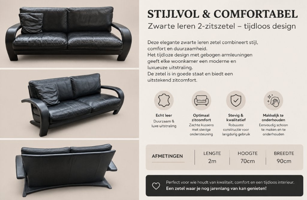 2 Zwarte leren 2-zitszetels – stijlvol & tijdloos, Huis en Inrichting, Ophalen, Gebruikt, 150 tot 200 cm, Tweepersoons