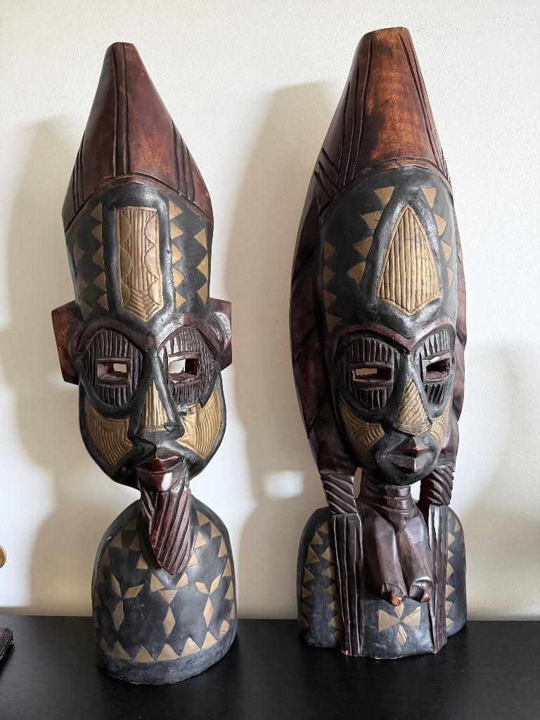 Grote Afrikaanse houten maskers (62 cm), Antiek en Kunst, Kunst | Beelden en Houtsnijwerken, Houtsnijwerk, Hout, 50 - 100 cm, Afrika