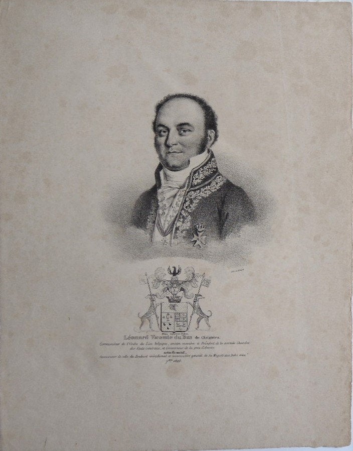 J. B. Madou litho "Leonard Vicomte du Bus de Gisignies" 1825, Antiquités & Art, Original, Enlèvement, Portraits et figures, Lithographie