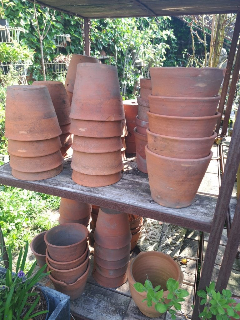 Pots de fleurs anciens en terre cuite, Enlèvement ou Envoi, Moins de 25 cm, Rond, Intérieur