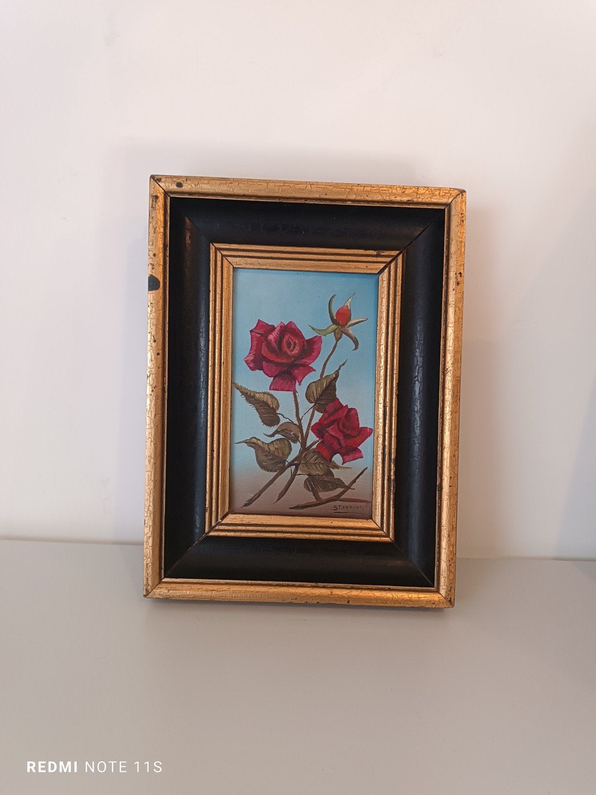 Tableau ancien roses rouges - Peinture huile avec cadre bois, Signé, Peinture à l'huile, Enlèvement, Toile