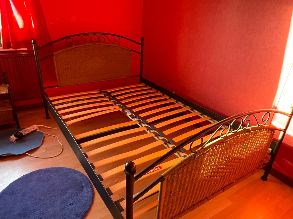 Lit de 140 cm avec table de chevet, Queen size, Koloniaal, Enlèvement, Noir
