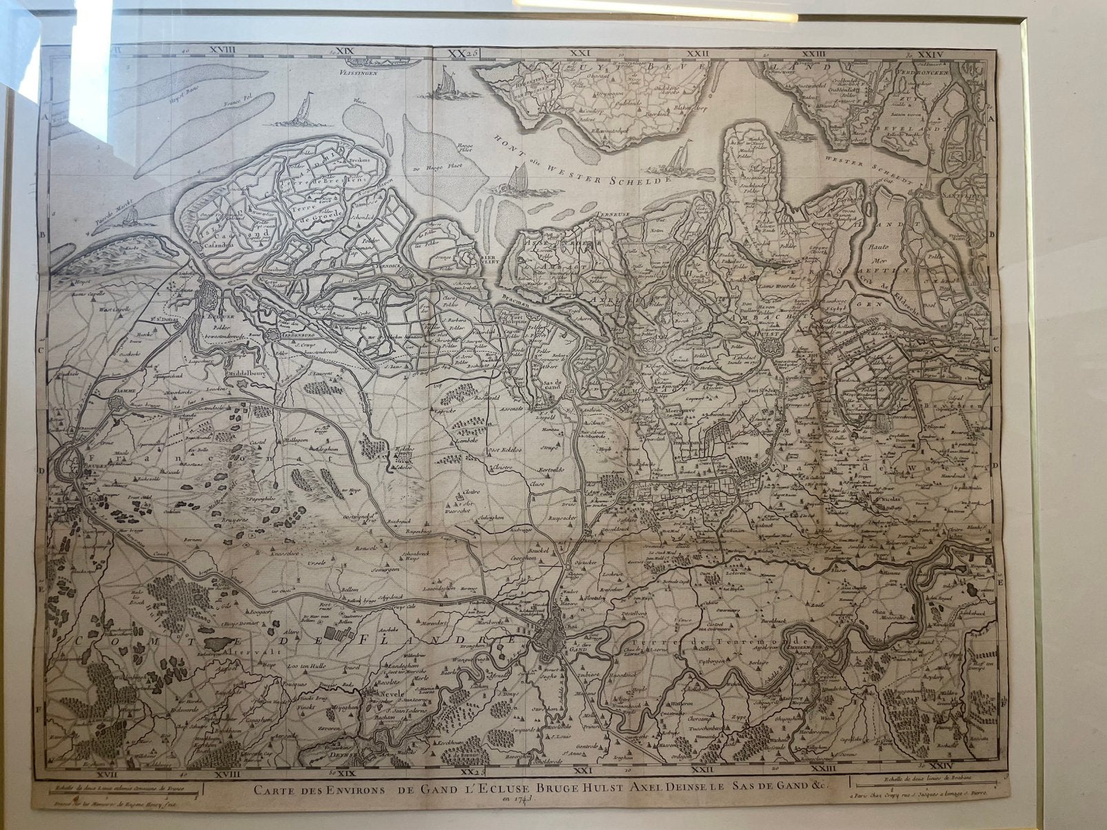 Carte du XVIIIe siècle de la Flandre orientale, Antiquités & Art, Art | Eaux-fortes & Gravures, Enlèvement ou Envoi, Encadré
