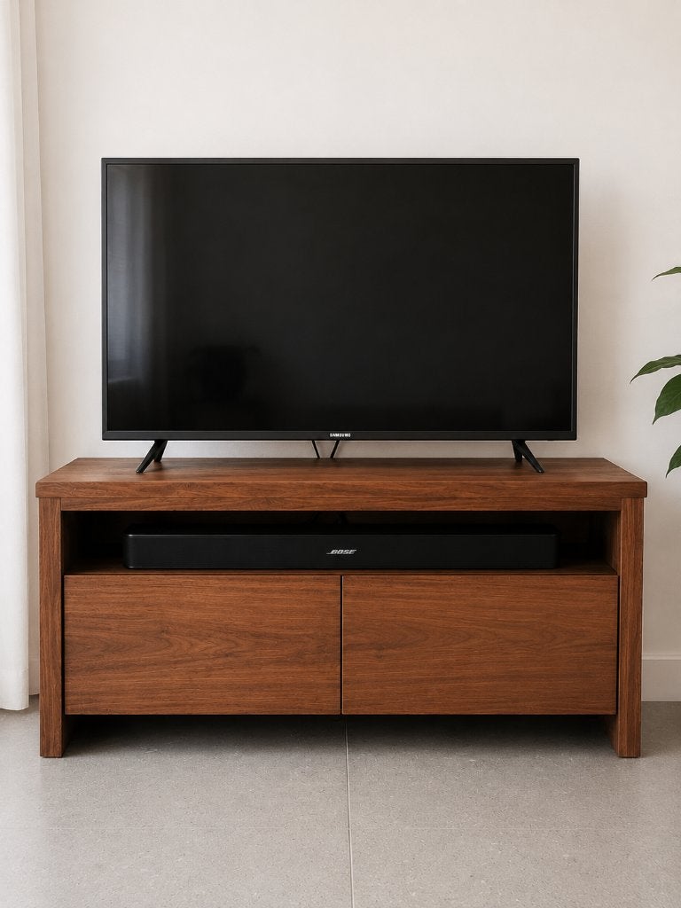Massief hardhouten tv-meubel, Ophalen, Gebruikt, 100 tot 150 cm, Minder dan 100 cm