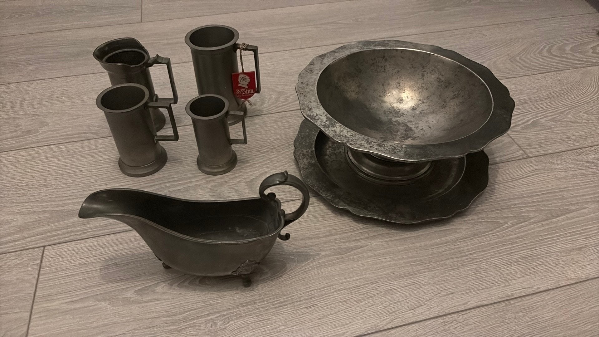 Antieke tinnen bekers, schaal en sauskom, Antiek en Kunst, Ophalen