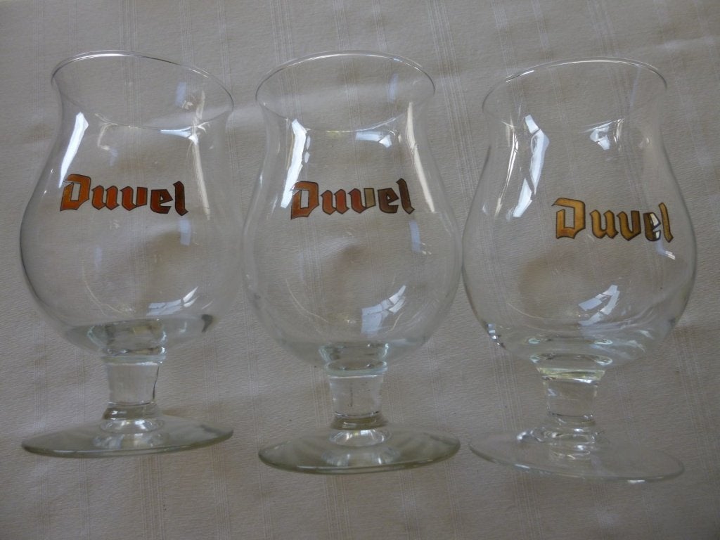glazen duvel met gouden letters : 3 euro voor 2 glazen, Ophalen of Verzenden