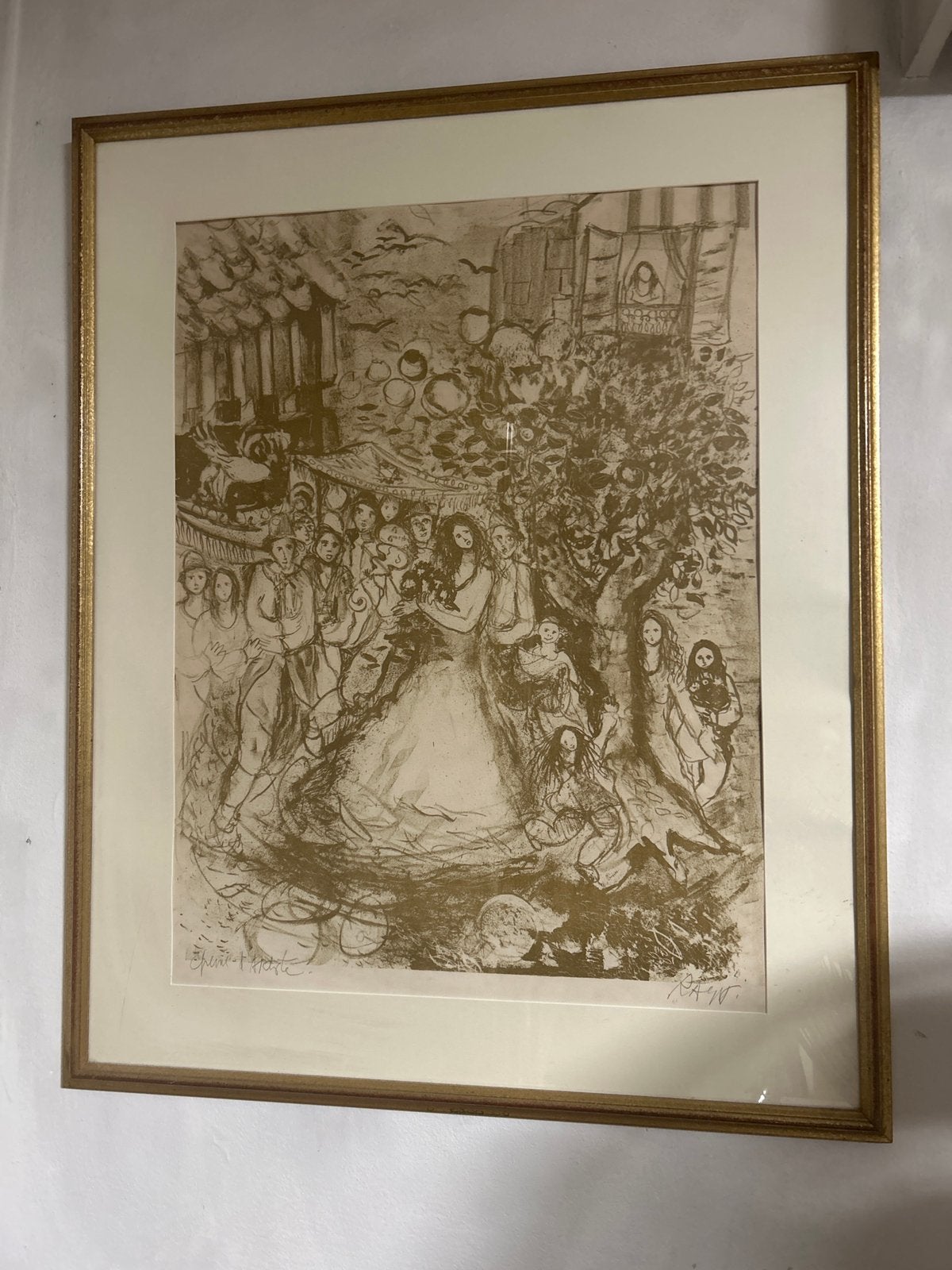 Gravure originale signée – Mariage juif /Style Marc Chagall, Enlèvement, Gravure